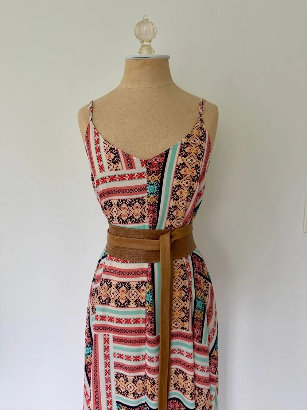 Romeo & Juliet Couture Coral Pink & Aqua Boho Handkerchief Hem Dress